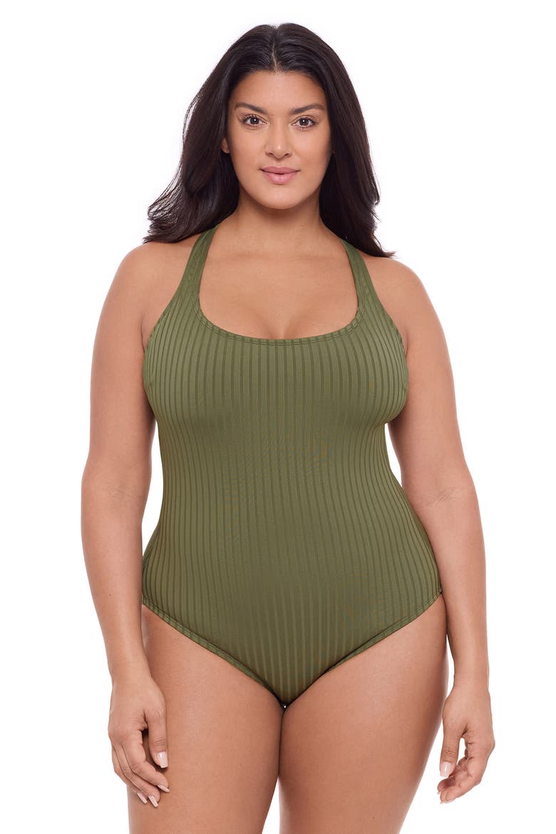 Smoothing and Sculpting Ribbed Scoopneck Crossback One-Piece Swimsuit, Main, color, Eucalyptus