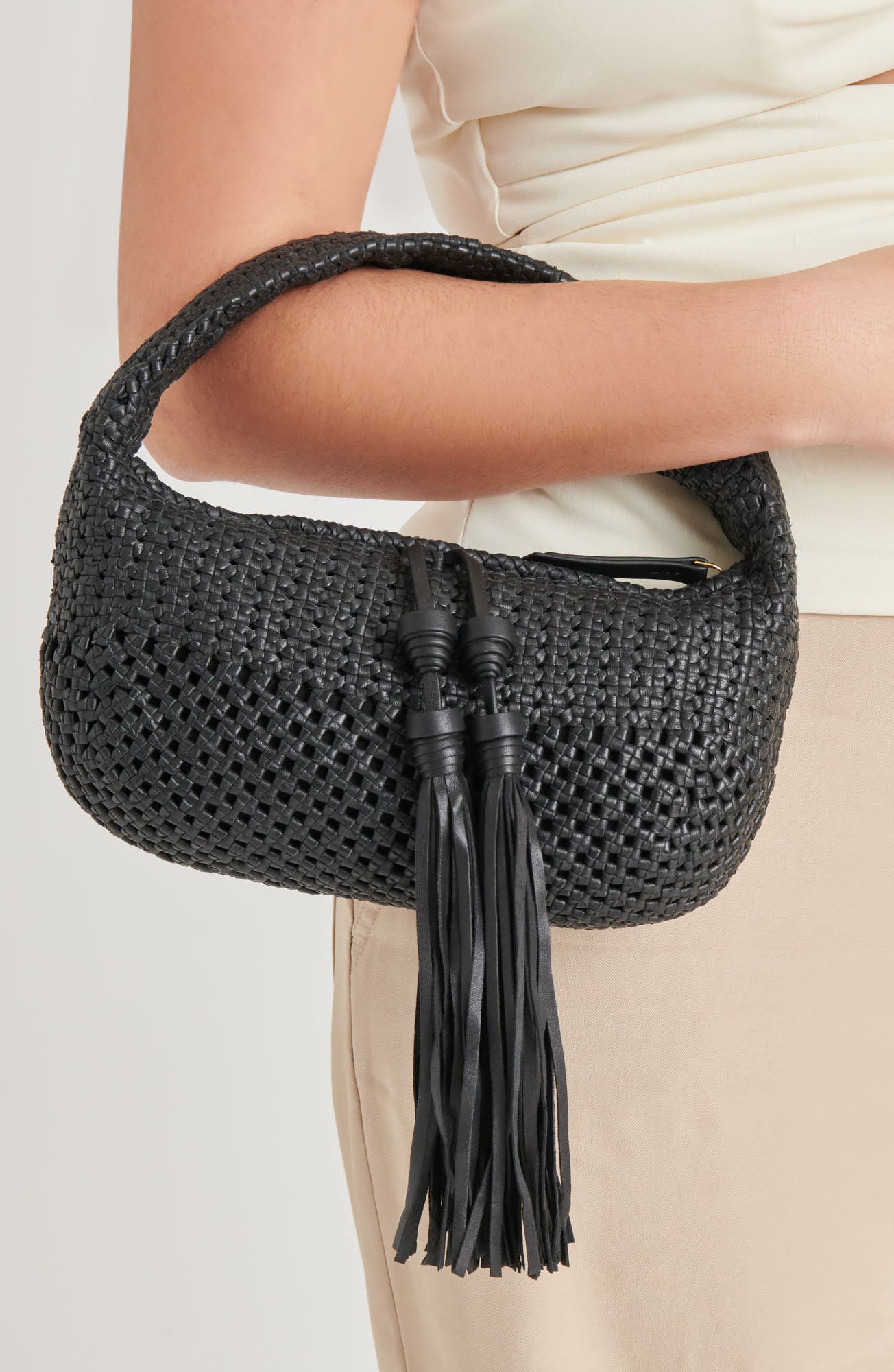 Zenia Woven Leather Handbag, Alternate, color, BLACK