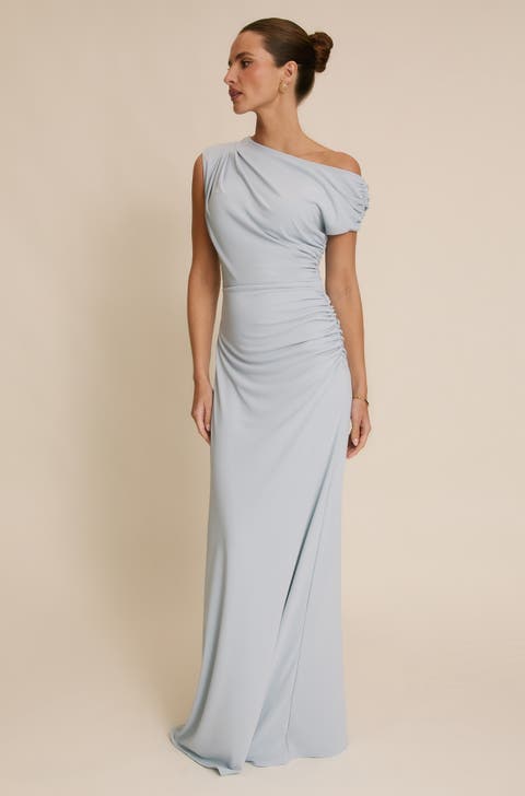 Slash Neck Draped Bridesmaid Dress