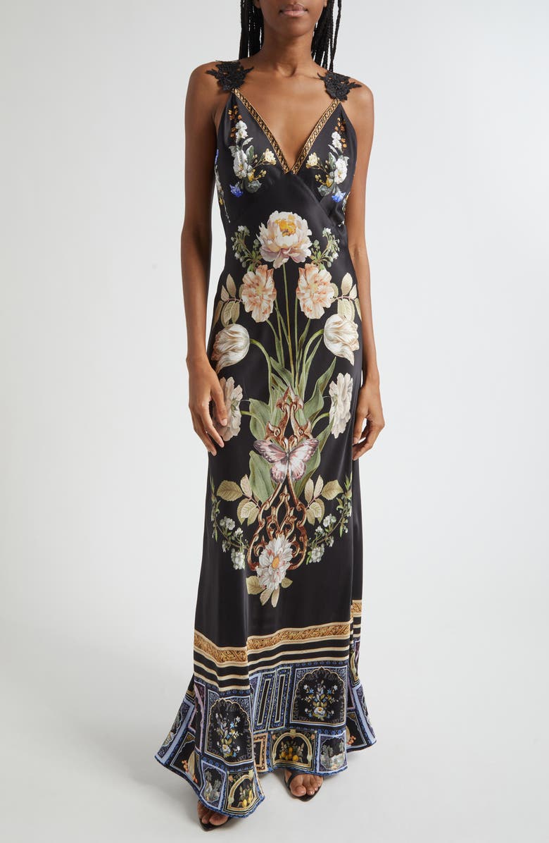 Camilla Ottoman Elegance V-Neck Bias Cut Silk Maxi Slipdress, Main, color, Ottoman Elegance