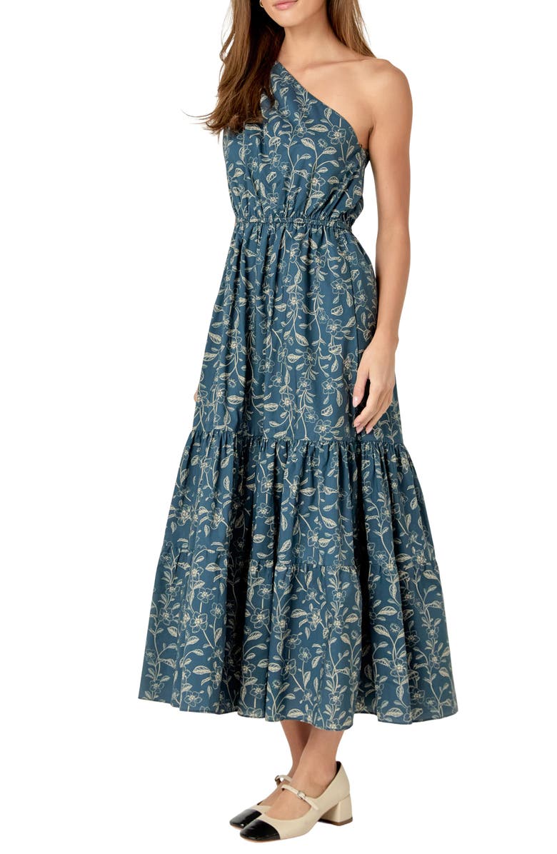 English Factory Floral Print One-Shoulder Cotton Maxi Dress, Alternate, color, Navy