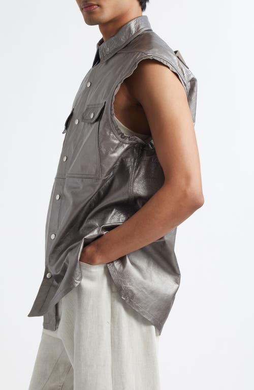 Rick Owens Metallilc Leather Sleeveless Snap-up Shirt Jacket In Gunmetal