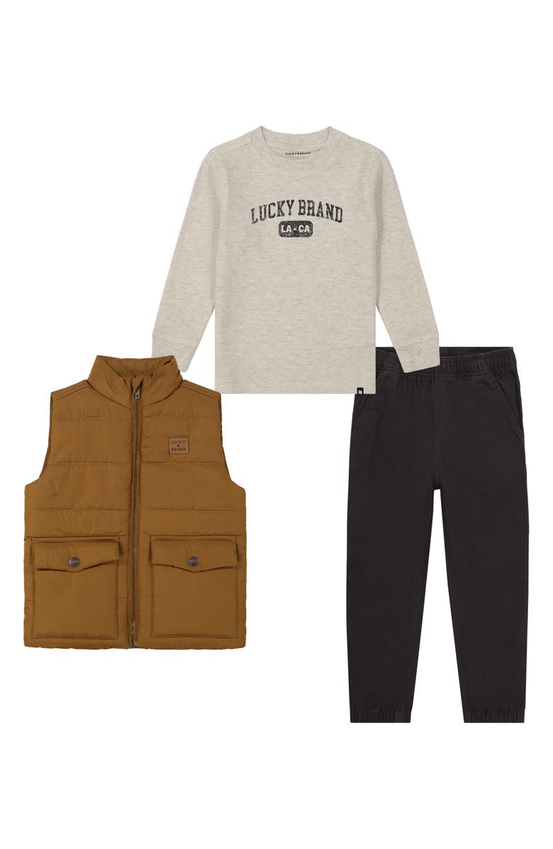 Lucky Brand Kids' Three-Piece Puff Vest, Thermal & Joggers Set, Main, color,