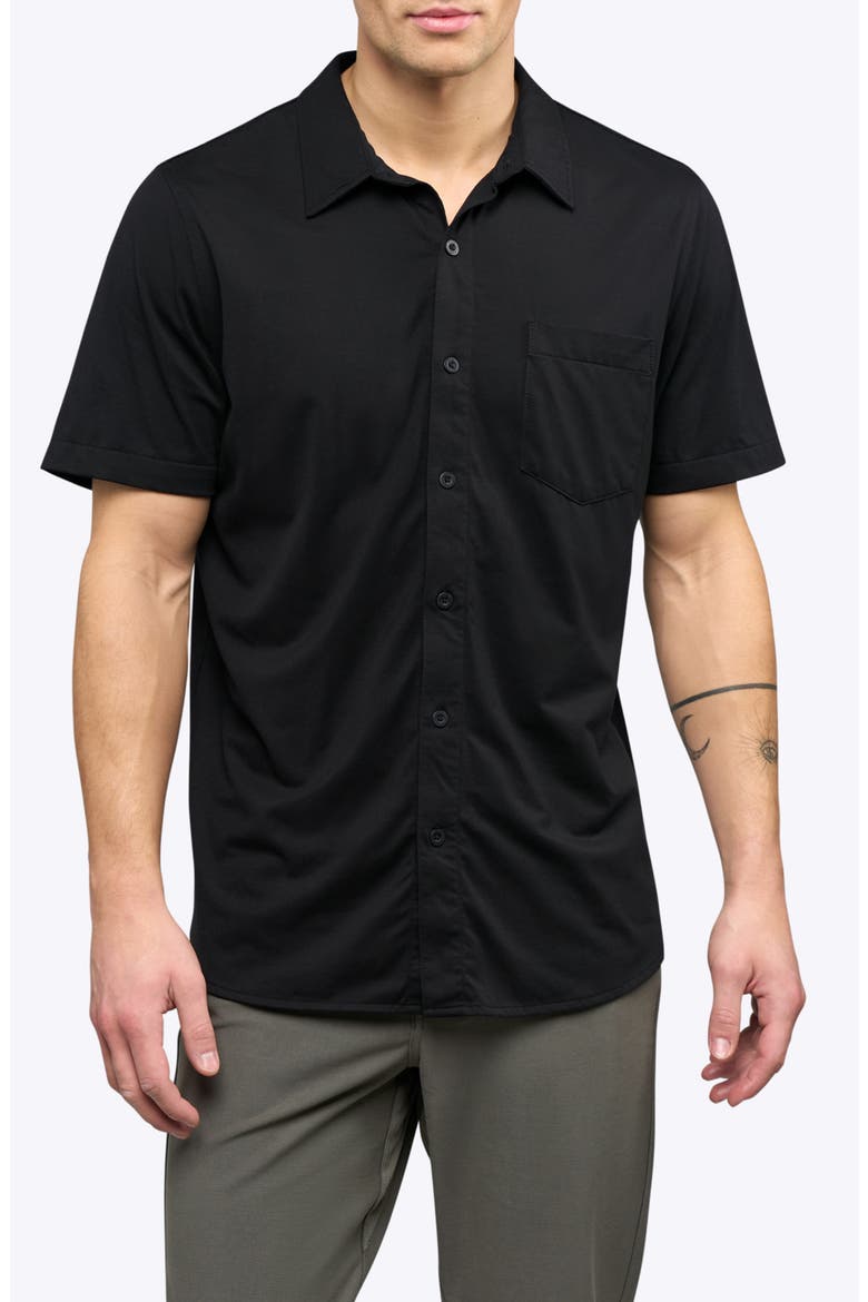 AO Curved Hem Short Sleeve Button-Up Shirt, Main, color, BLACK