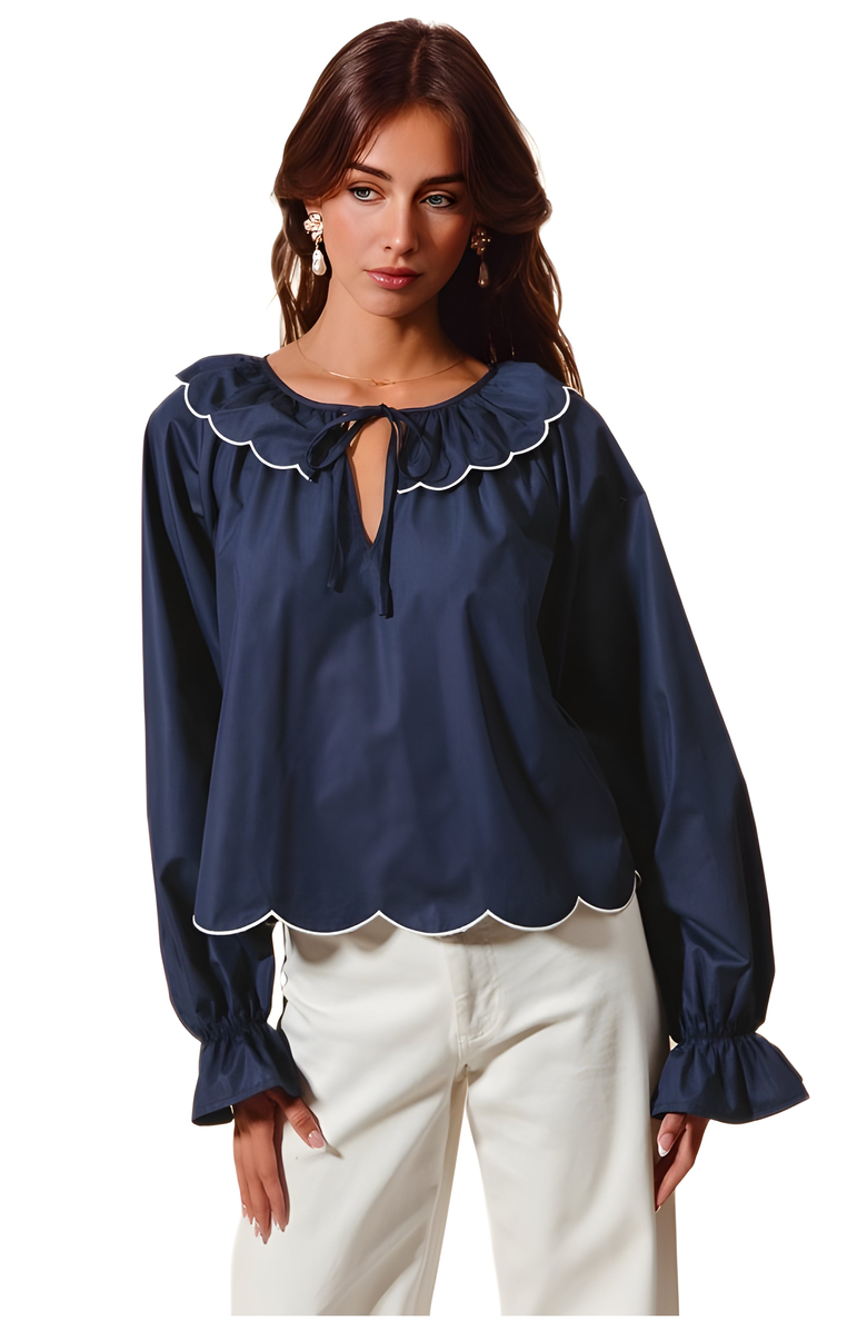 Knit and Lounge Scallop Trim Blouse with Ruffled Collar and Tie Neck, Main, color, 
