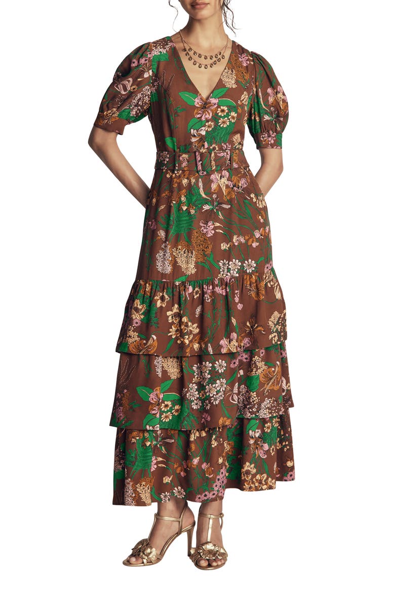 V-Neck Tiered Midi Dress, Main, color, WOODLAND BROWN WHMSICAL FLORAL