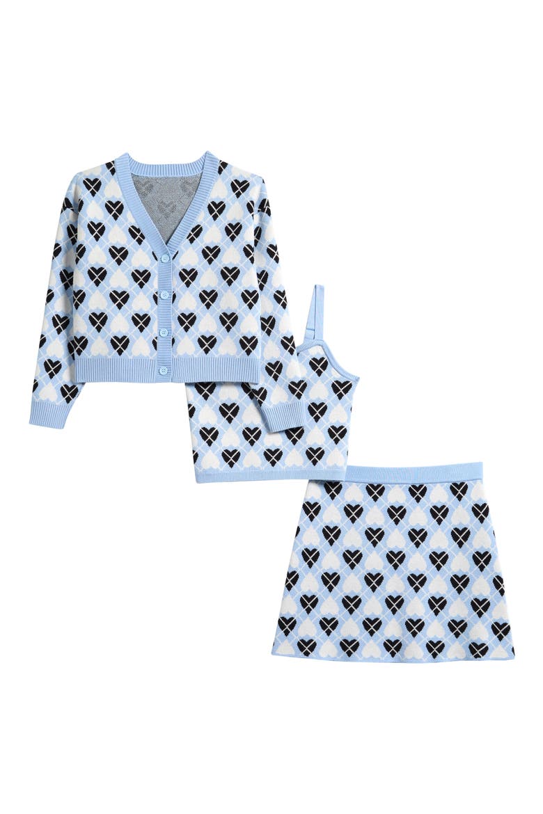 Kids' Heart Argyle Cardigan, Camisole & Skirt 3-Piece Set, Main, color, CANDY BLUE HEATHER