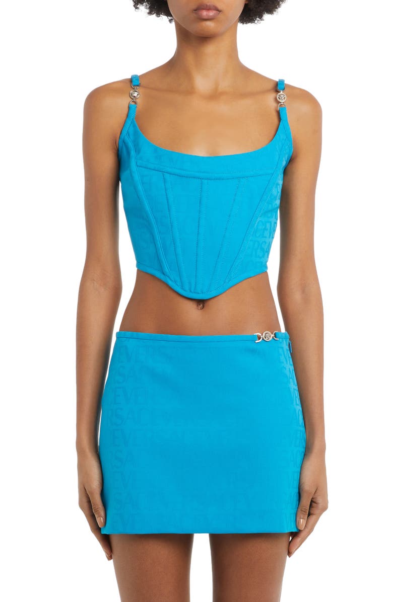 Versace Logo Jacquard Fitted Crop Virgin Wool Corset Top, Main, color, 