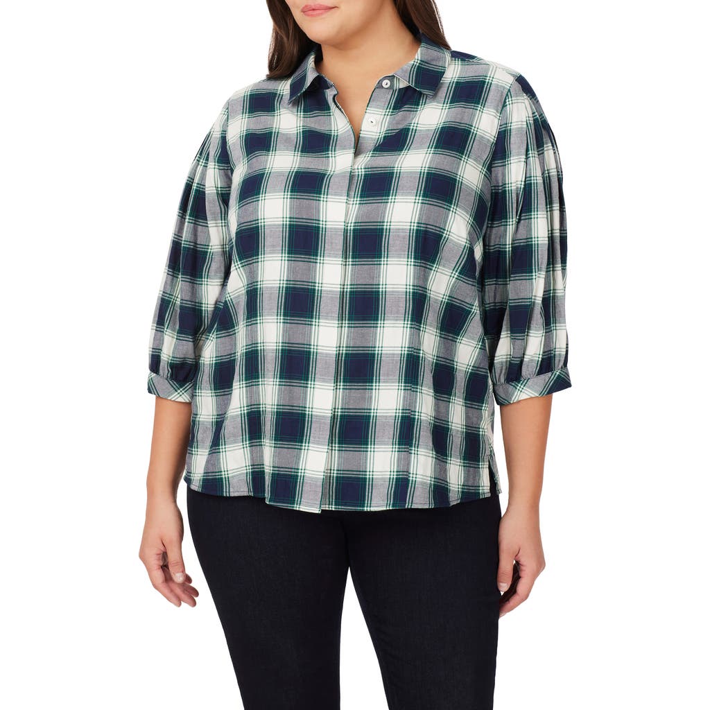 Foxcroft Sophie Plaid Cotton Blend Button-up Shirt In Navy Multi