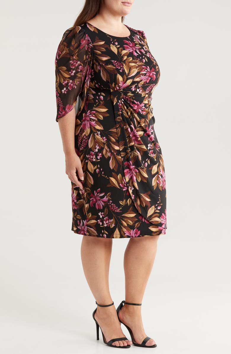 Connected Apparel Floral Chiffon Sleeve Faux Wrap Dress, Alternate, color, Merlot