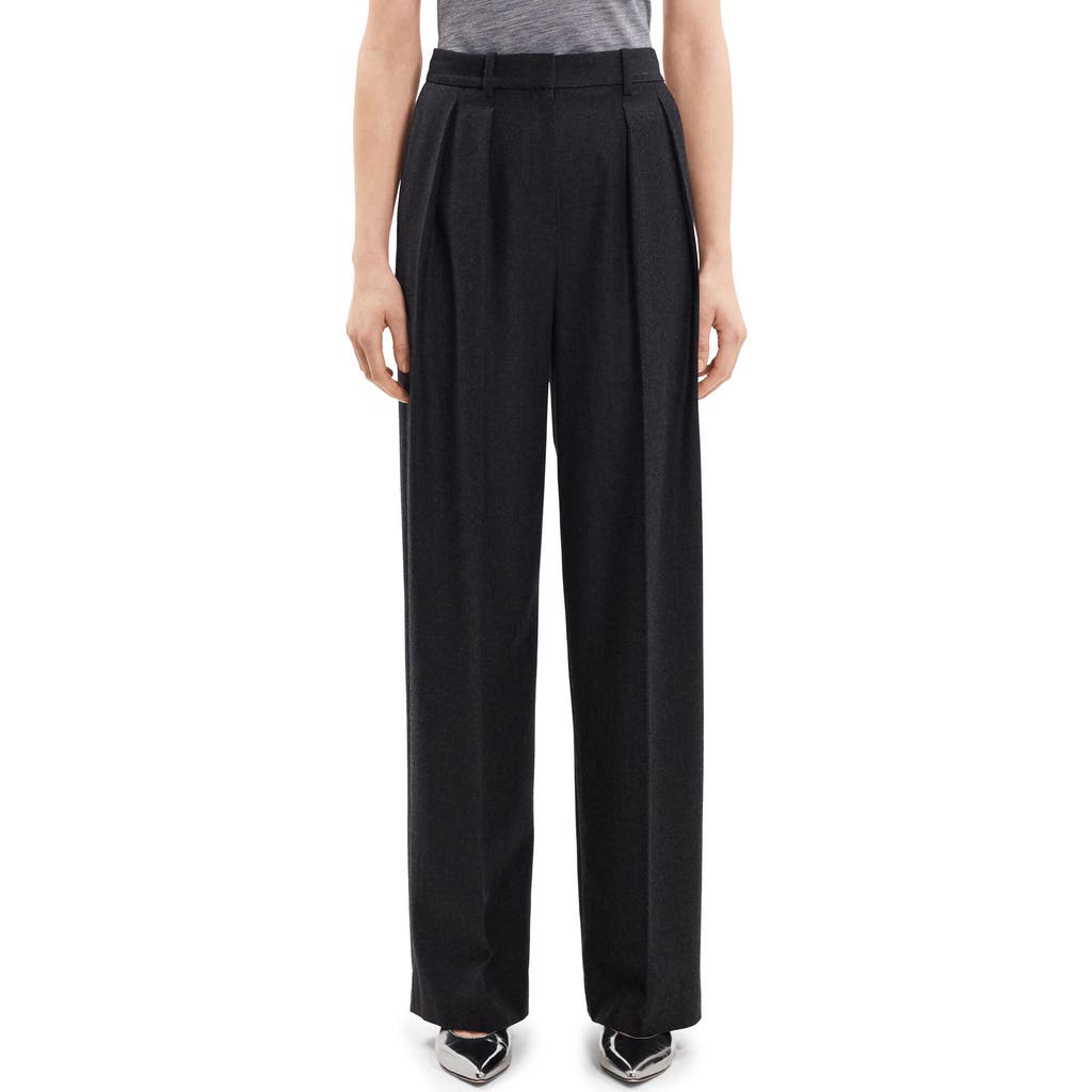Theory Pleated Straight Leg Wool Pants In Black