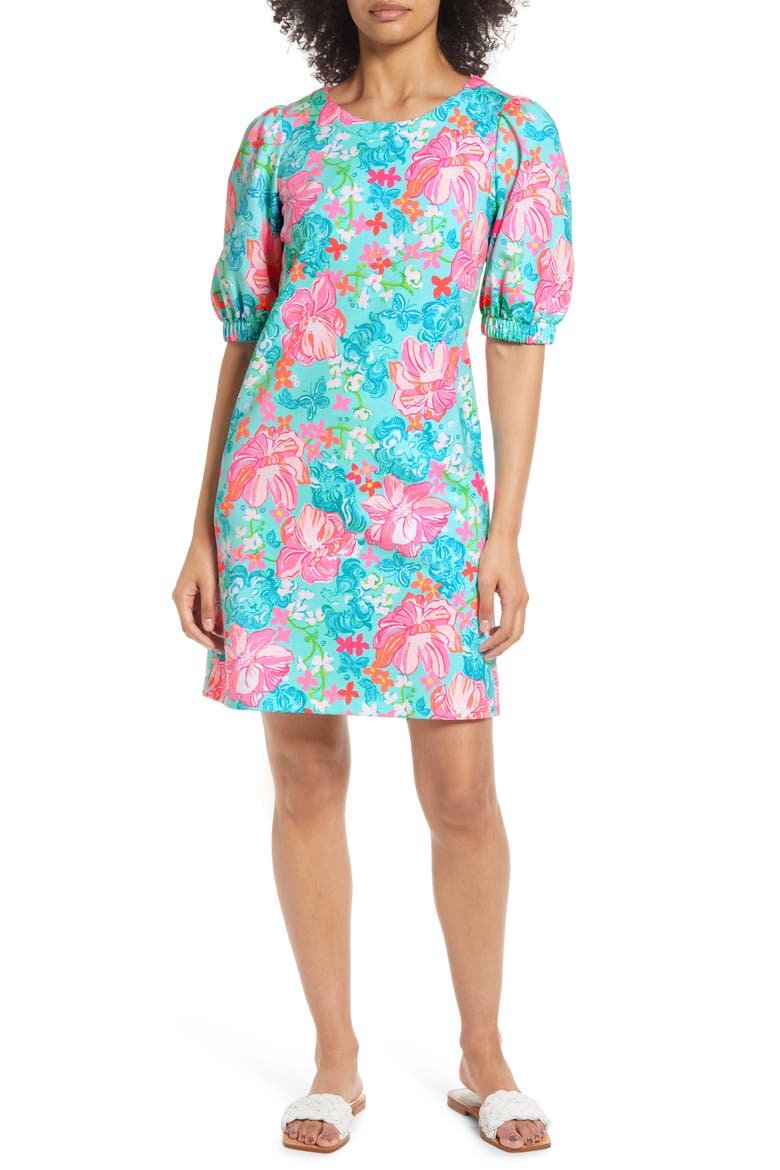 Cayce Puff Sleeve Floral Dress, Main, color, SURF BLUE