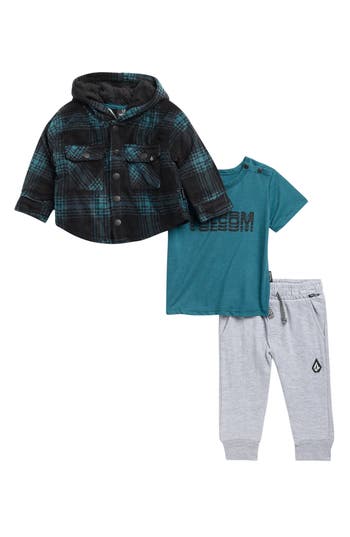 Volcom Babies'  Plaid Shacket, T-shirt & Joggers Set In Blue
