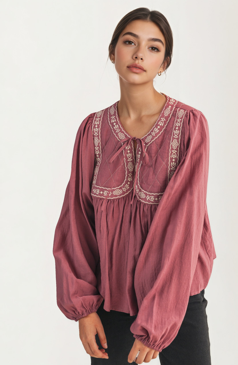 Knit and Lounge Embroidered Yoke Tie Neckline Flowy Long Sleeve Blouse, Alternate, color, Mauve / Dusty Pink