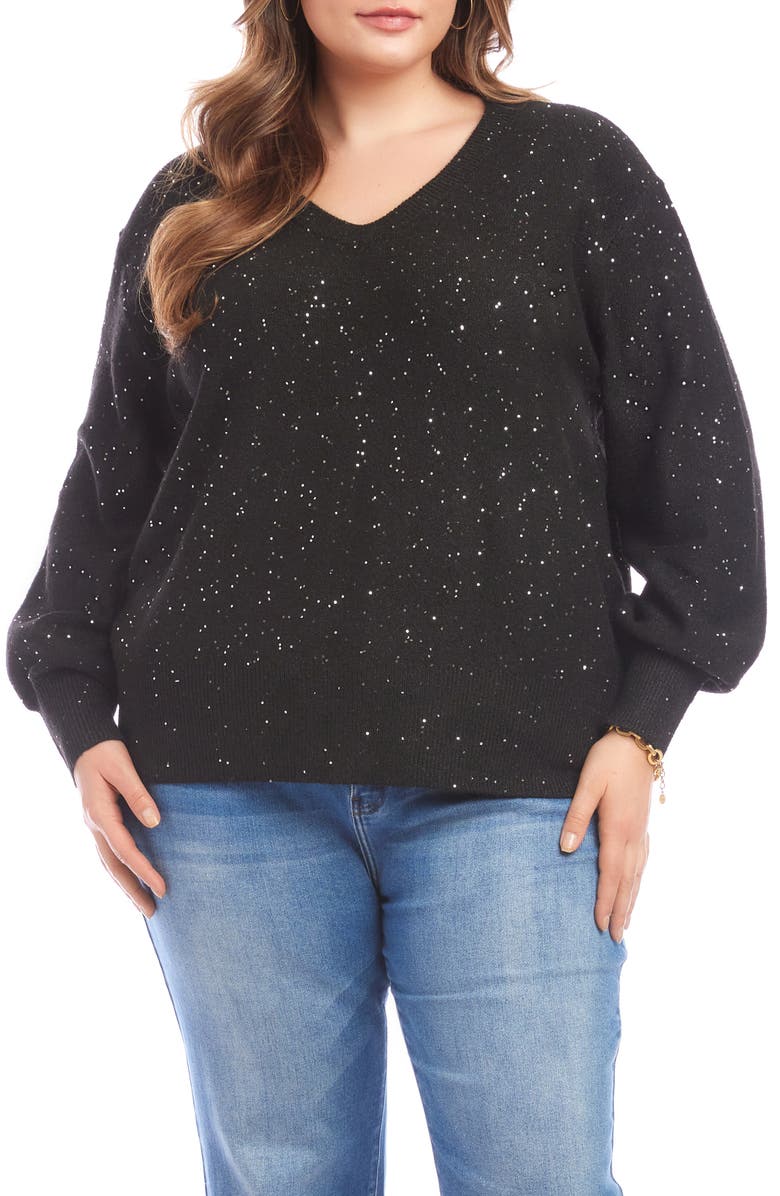 Karen Kane Sequin V-Neck Sweater, Main, color, Black