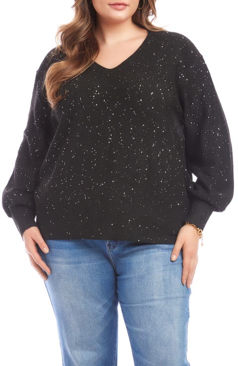 Sequin V-Neck Sweater (Plus)