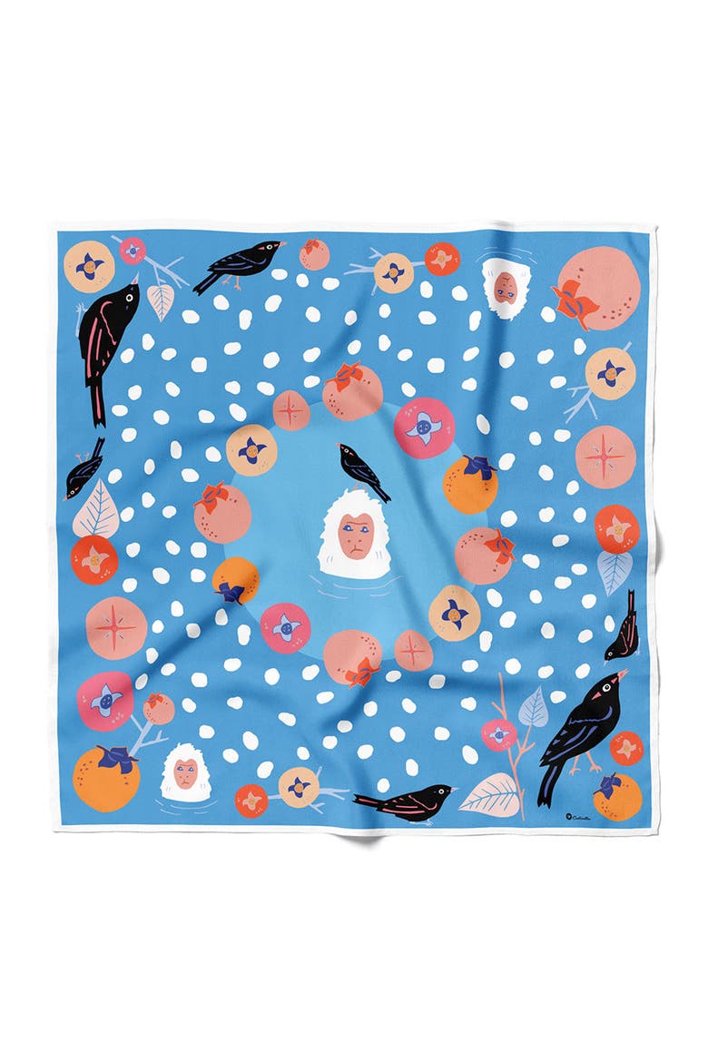 Snow Monkey and Persimmons Cotton Silk Bandana, Main, color, Blue