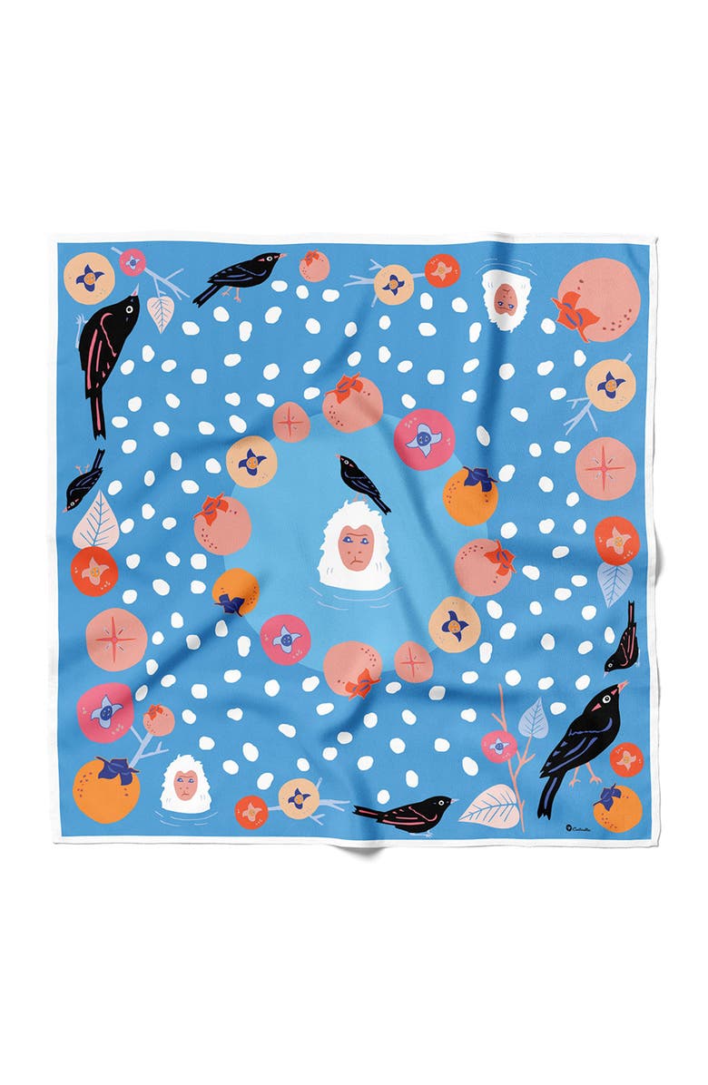 Centinelle Snow Monkey and Persimmons Cotton Silk Bandana, Main, color, Blue