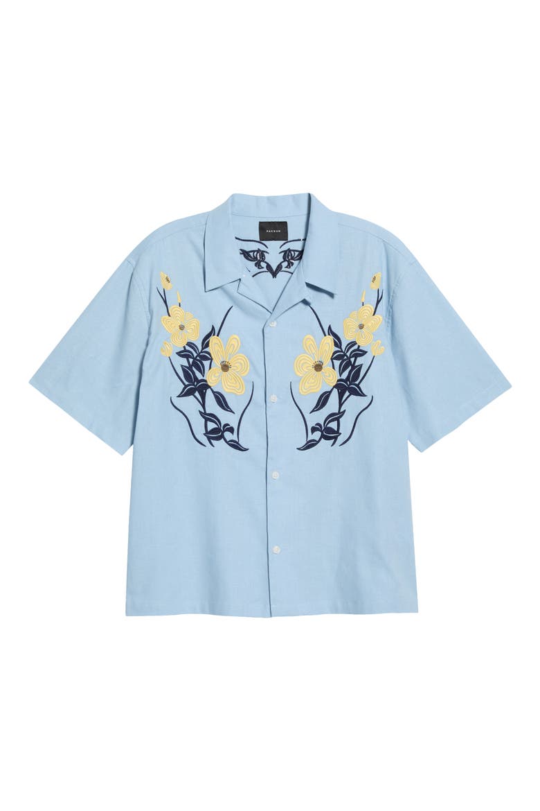 Jasmine Floral Embroidered Cotton & Linen Camp Shirt, Main, color, BLUE