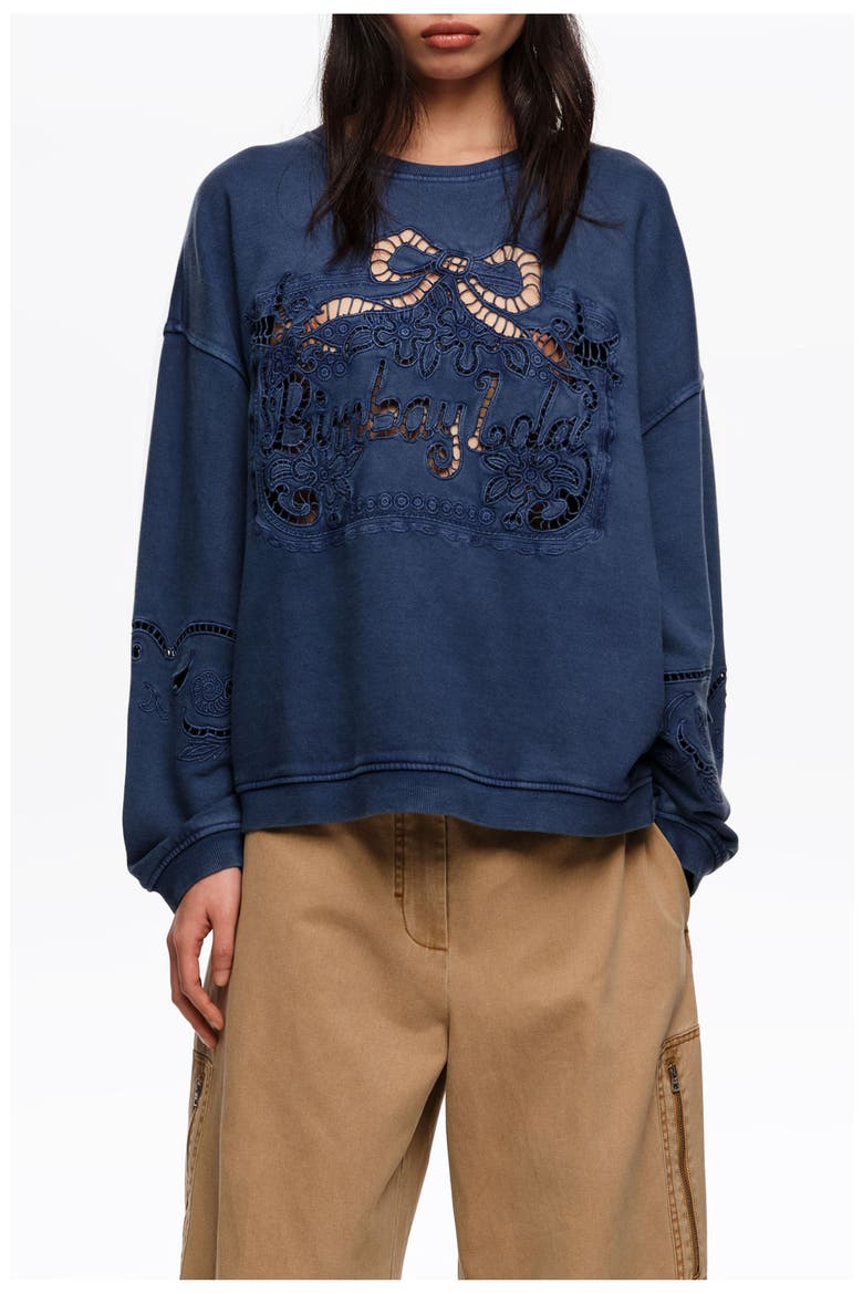 Faded Sweatshirt With Maxi Broderie Anglaise Logo, Main, color, BLUE