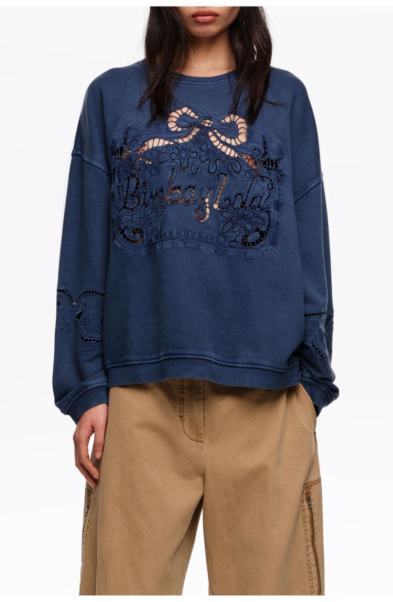 Bimba y Lola Faded Sweatshirt With Maxi Broderie Anglaise Logo, Main, color, Blue