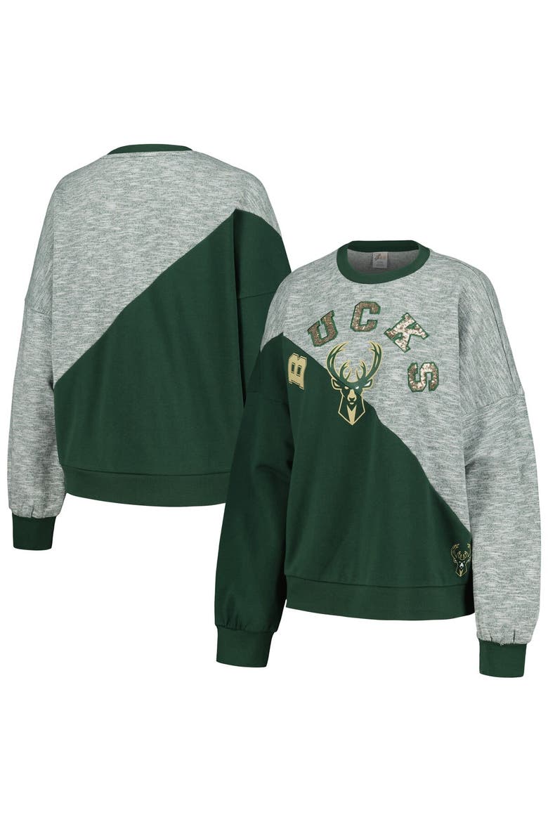 Women's G-III 4Her by Carl Banks Hunter Green Milwaukee Bucks Benches Split Pullover Sweatshirt, Main, color, Hunter Green
