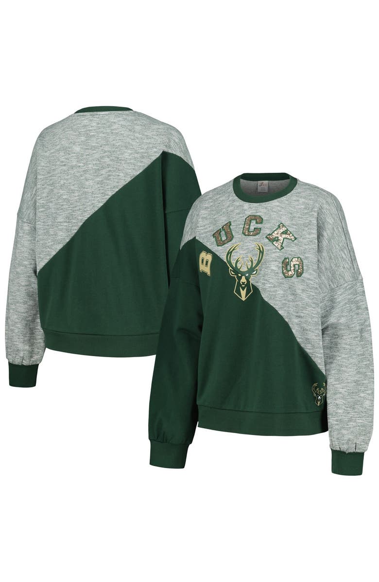 G-III 4HER BY CARL BANKS Women's G-III 4Her by Carl Banks Hunter Green Milwaukee Bucks Benches Split Pullover Sweatshirt, Main, color, Hunter Green