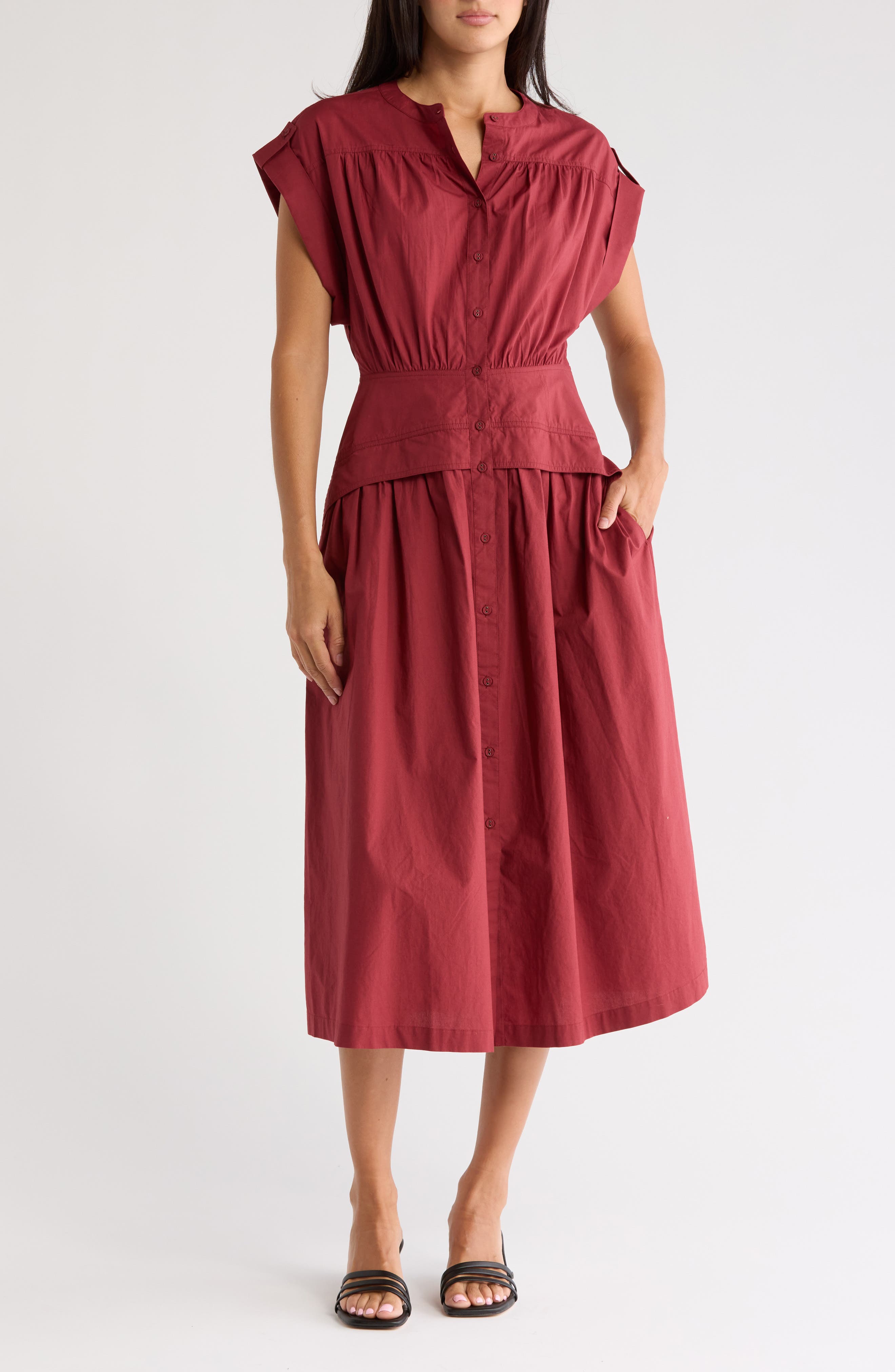 AREA STARS Cuffed Cap Sleeve Cotton Shirtdress