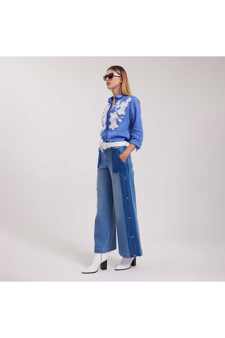 Women's Shirt  Citron Blue Linen Shirt With White Floral Applique, Alternate, color, Denim Blue