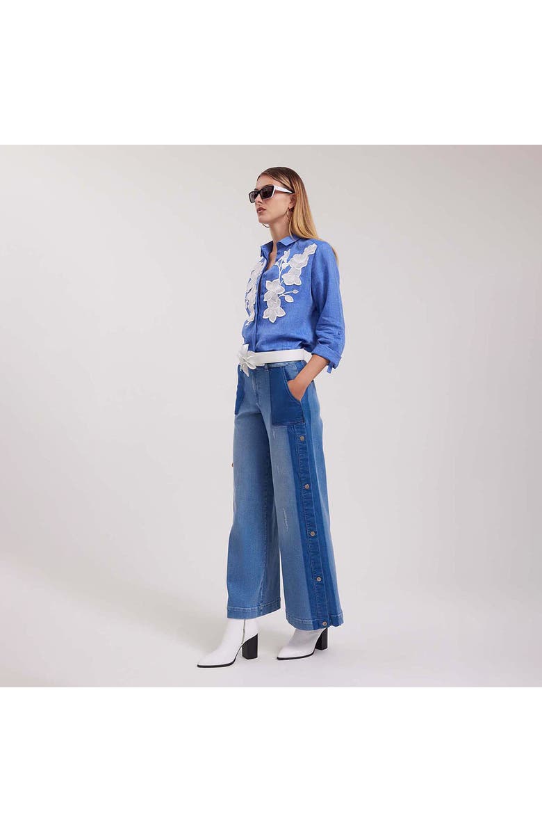 Anne Fontaine Women's Shirt Citron Blue Linen Shirt With White Floral Applique, Alternate, color, Denim Blue