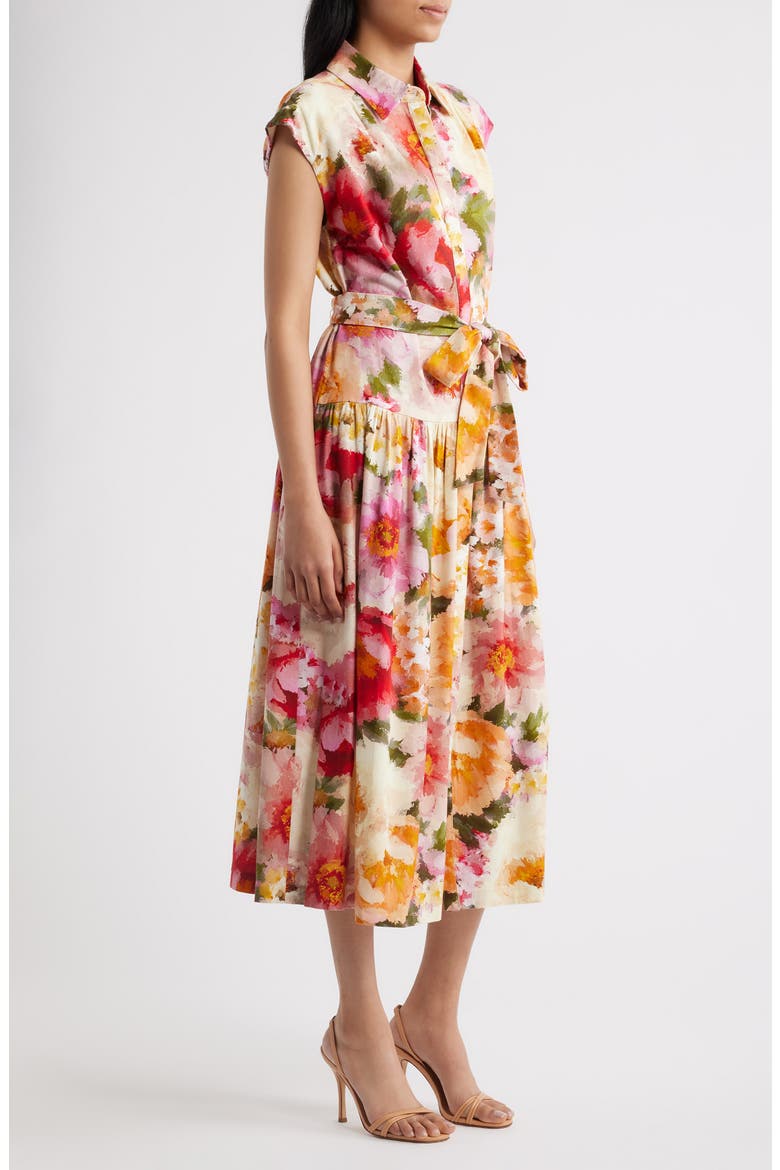 Floral Print Tie Waist Midi Dress, Alternate, color, IVORY MULTI