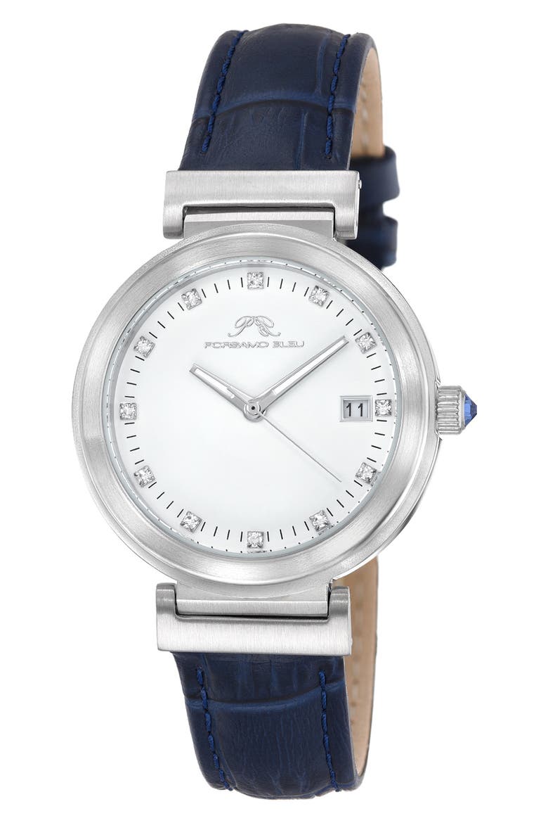 Dahlia Leather Strap Watch, 34mm, Main, color, SILVER-BLUE