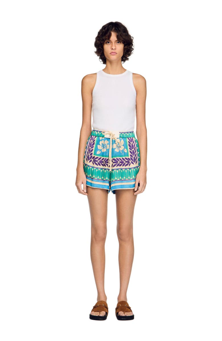 SANDRO Short floral print shorts, Alternate, color, Green / Purple