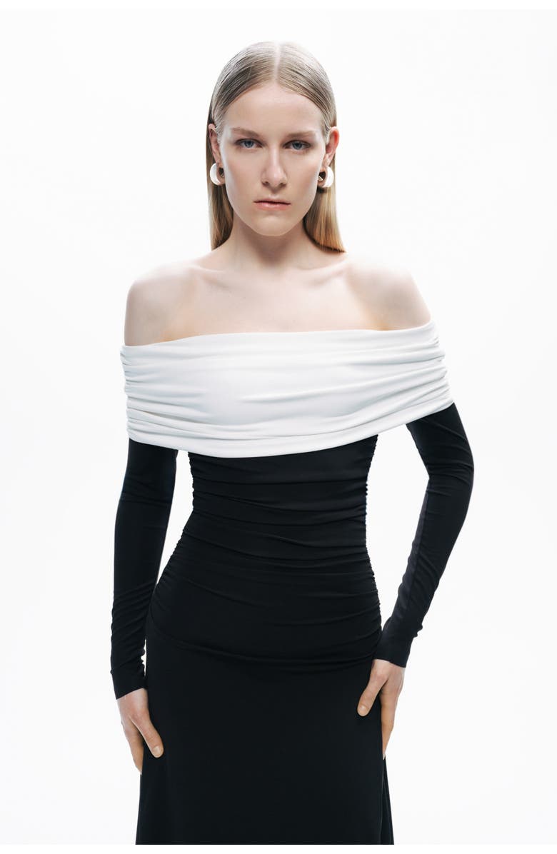 Nocturne Black and White Off-Shoulder Contrast Maxi Dress, Alternate, color, 