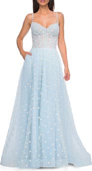 La Femme Polka Dot Tulle Prom Dress with Sheer Corset Top