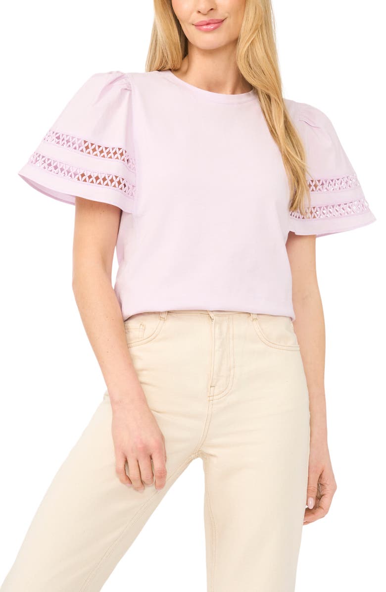 CeCe Embroidered Detail Short Sleeve Cotton Top, Main, color, London Fog