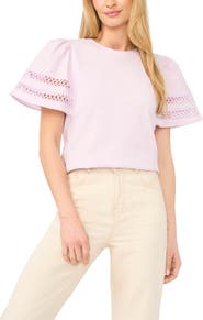 CeCe Embroidered Detail Short Sleeve Cotton Top