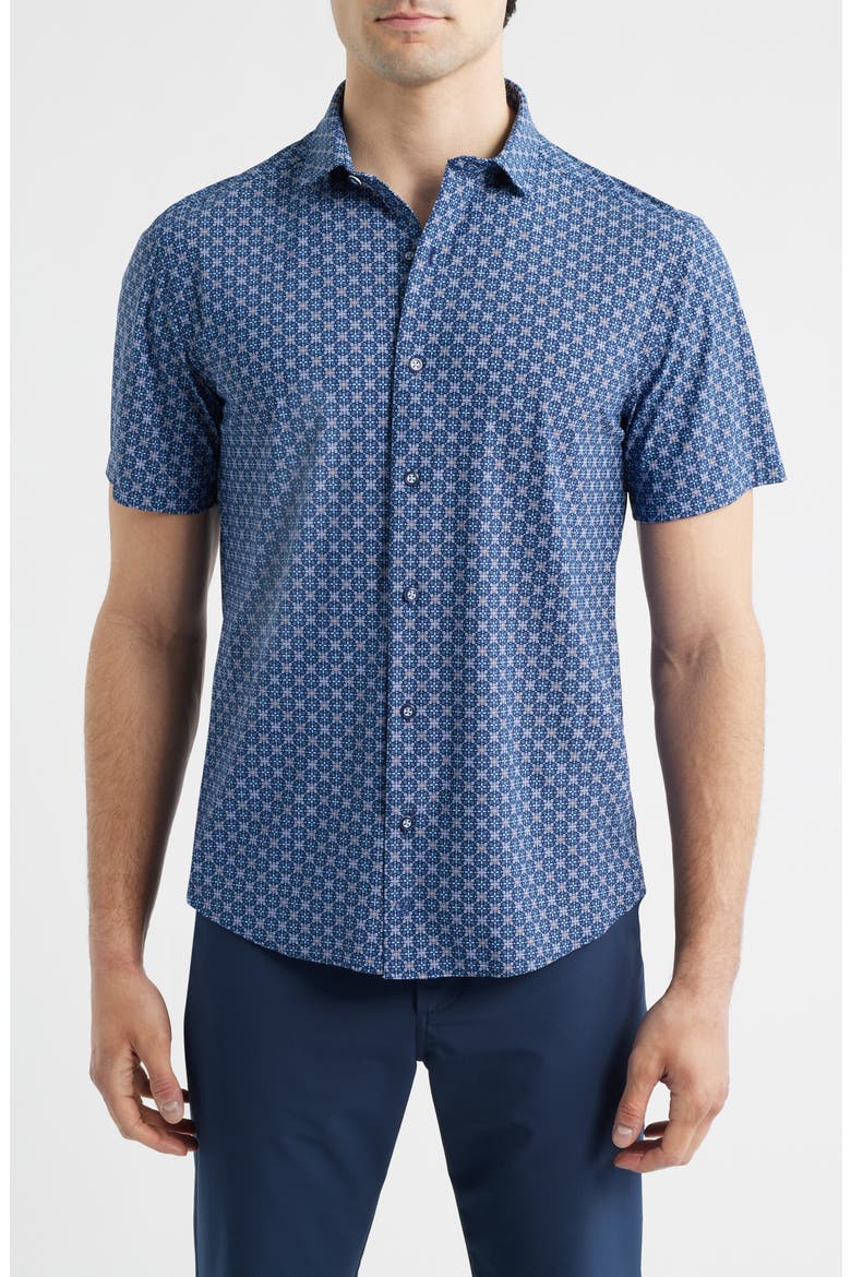 XC+™ Motion Geo Print Short-Sleeve Performance Knit Button-Up Shirt, Main, color, NAVY PETAL