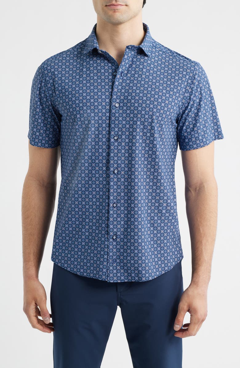 Johnston & Murphy XC+<sup>™</sup> Motion Geo Print Short-Sleeve Performance Knit Button-Up Shirt, Main, color, Navy Petal