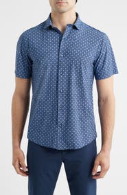 Johnston & Murphy XC+™ Motion Geo Print Short-Sleeve Performance Knit Button-Up Shirt