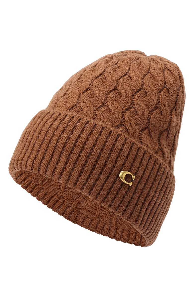 COACH Cable Knit Cuff Beanie, Alternate, color, Dark Camel
