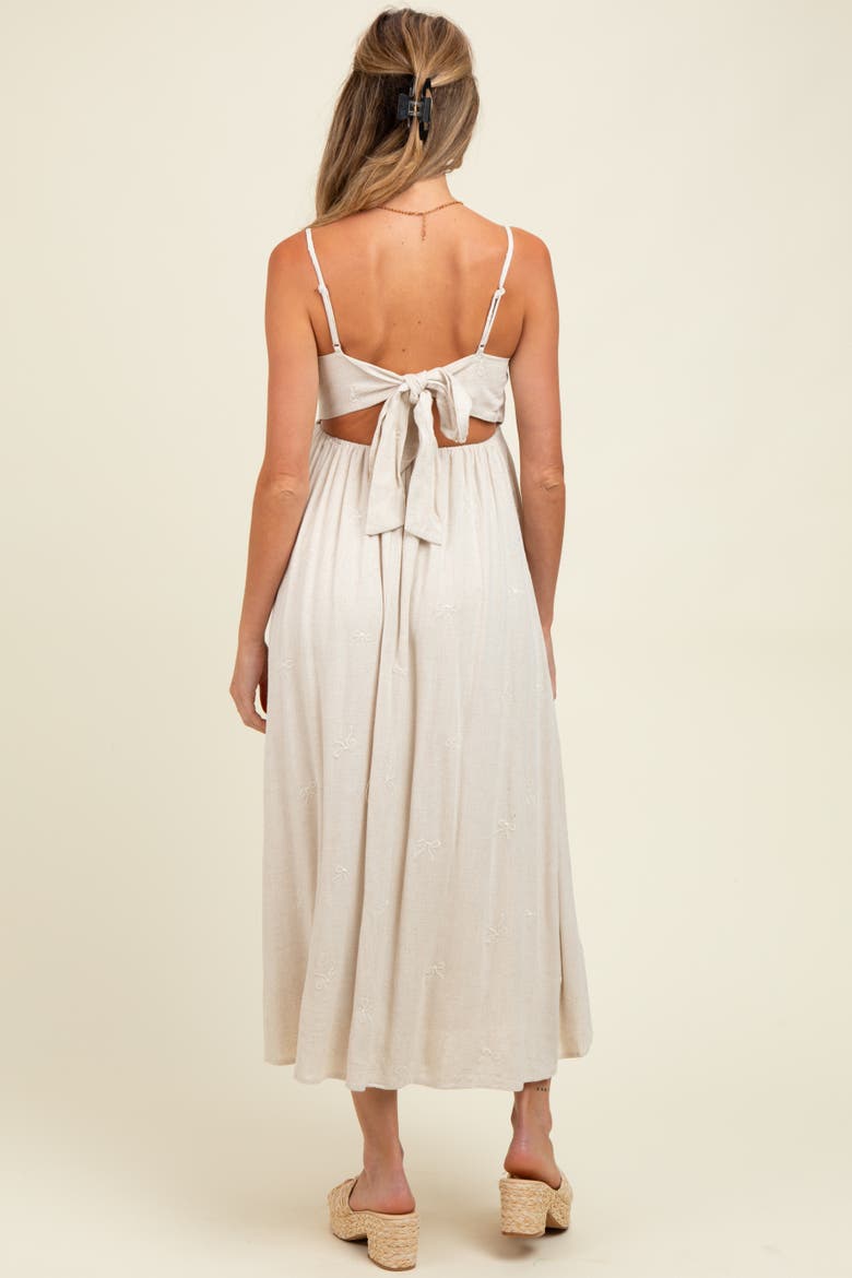 Linen Ribbon Pattern Embroidered Midi Dress, Alternate, color, Beige