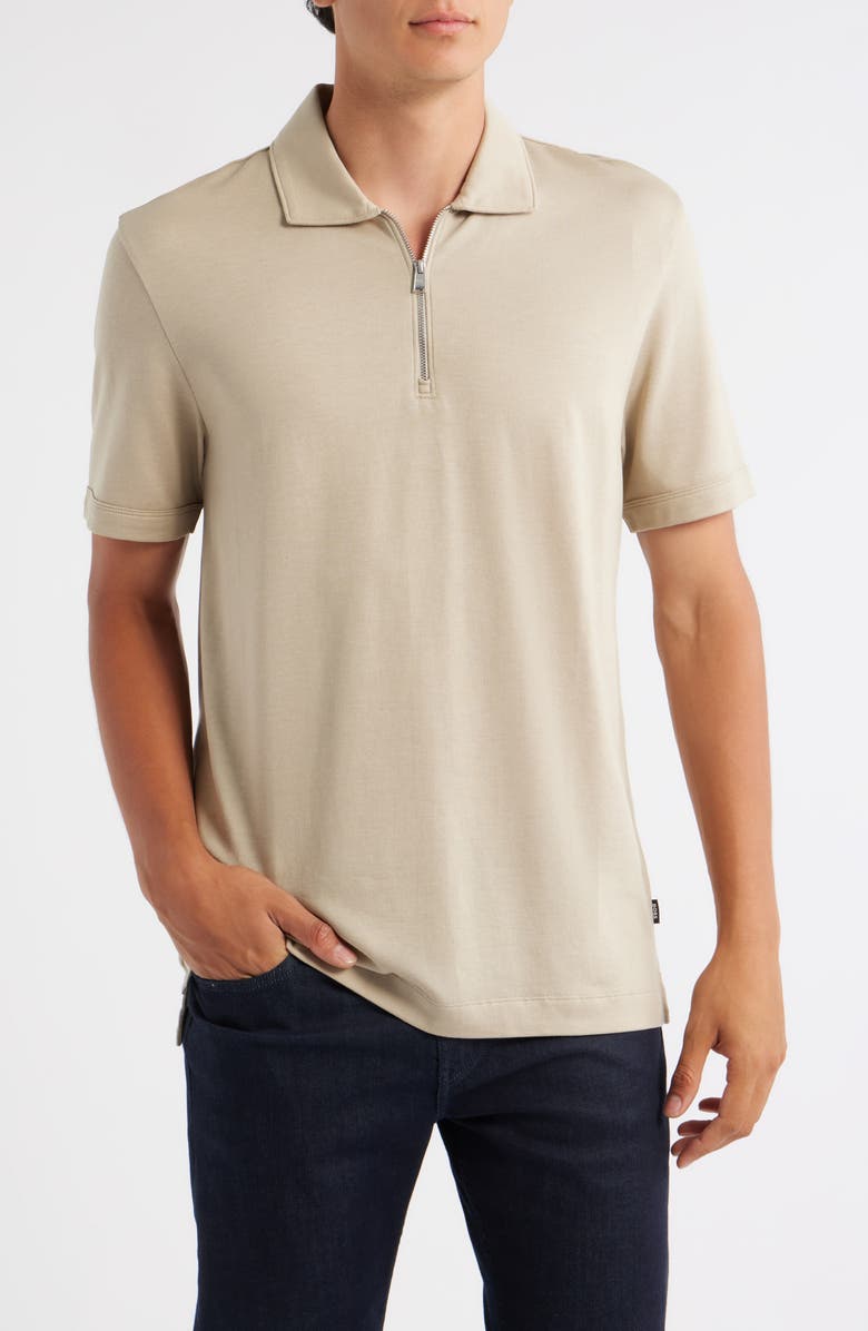 BOSS Paras Piqué Zip Polo, Main, color, Dark Beige