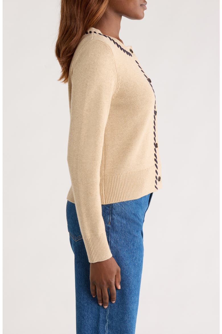 Norah Contrast Detail Cotton Blend Cardigan, Alternate, color, OAT NAVY BLANKET STITCH