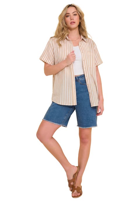 Plus Size Linen Blend Short Sleeve Button Front Shirt