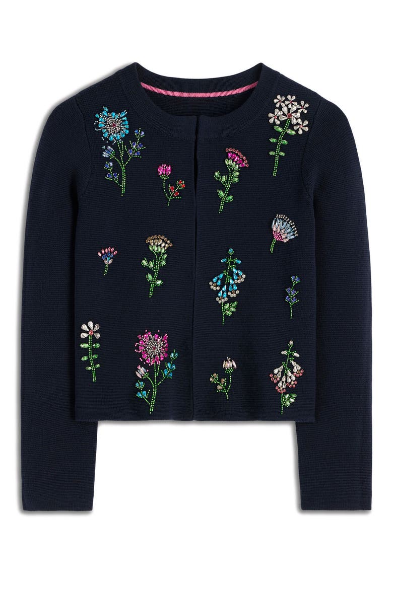 Crystal Embellished Crop Cotton Cardigan, Alternate, color, NAVY