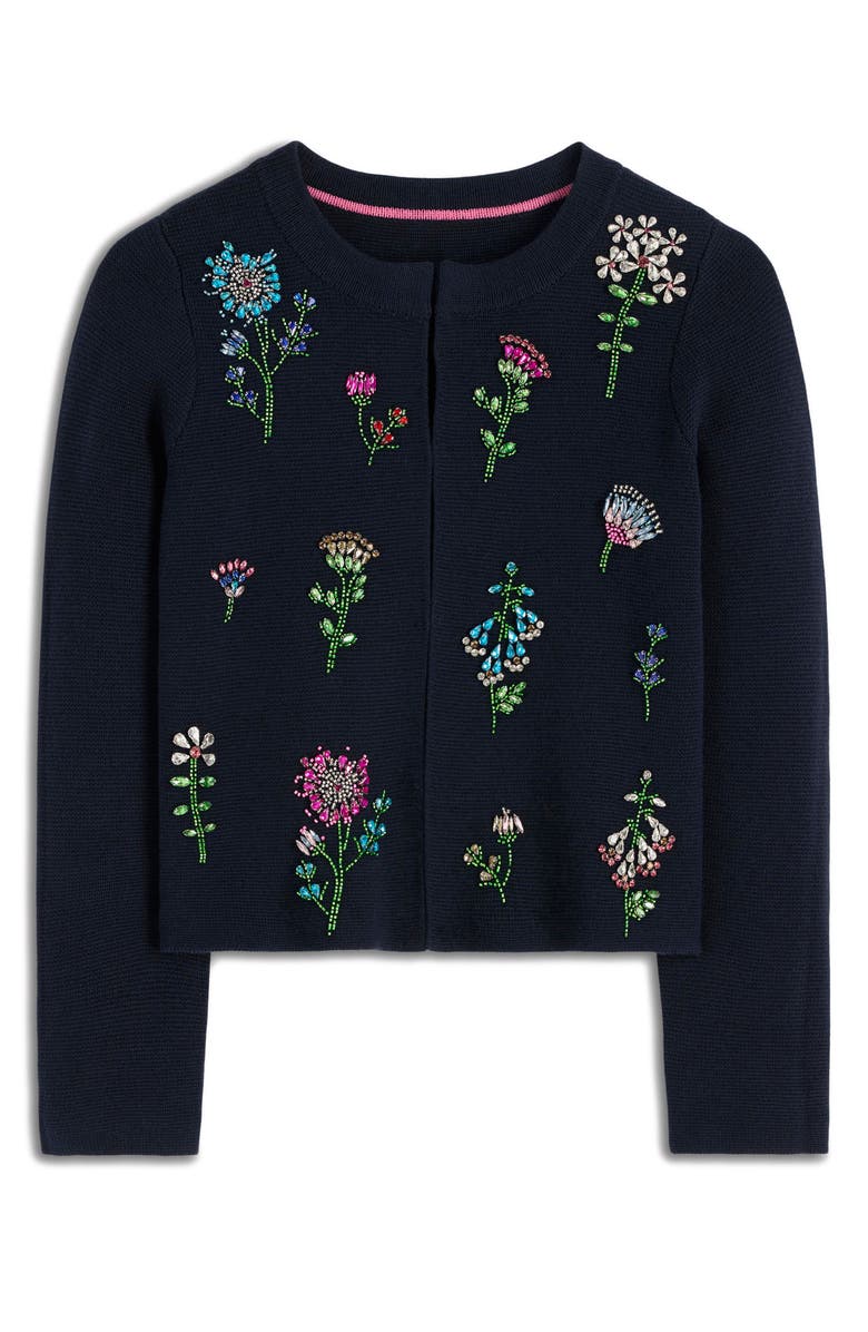 Boden Crystal Embellished Crop Cotton Cardigan, Alternate, color, Navy