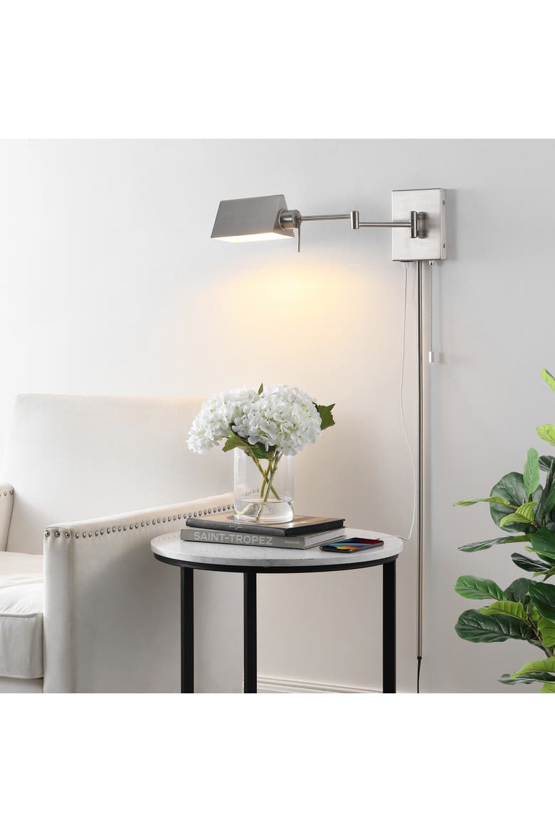 Arlo 1-Light Farmhouse Industrial Single Swing Arm Plug-In or Hardwired Iron LED Wall Sconce with Pull-Chain USB Charging Port, Alternate, color, Nickel