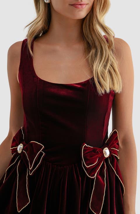 Bow Detail Stretch Velvet Minidress