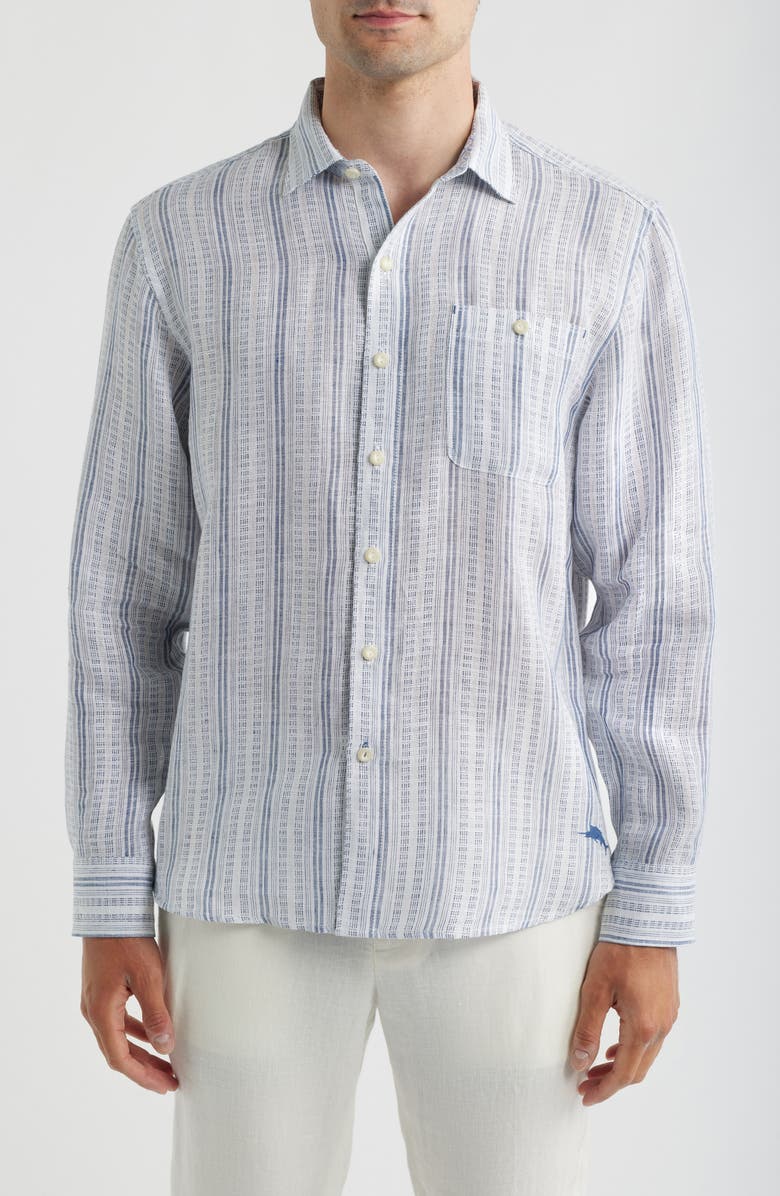 Tommy Bahama Blue Royal Stripe Linen Button-Up Shirt, Main, color, Infinity Sky